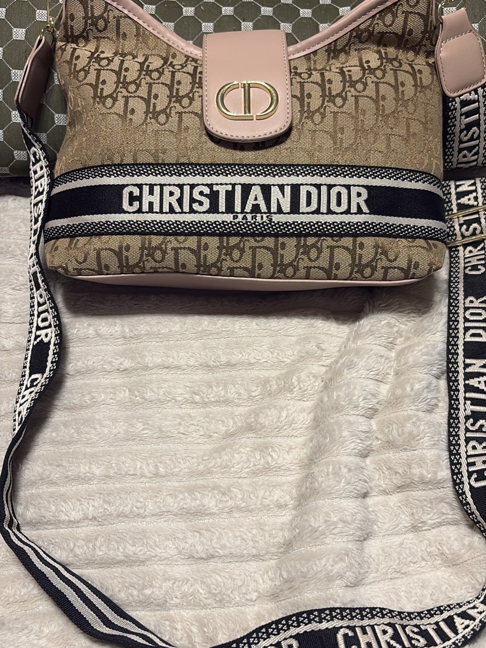 Dior Beige Monogram Canvas Messenger Bag with Pink Trim
